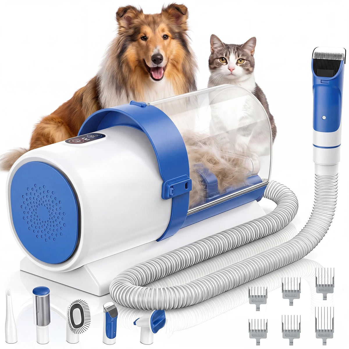 Dog Grooming Kit, 2.5L Pet Hair Grooming Vacuum, 5-In-1 Electric Clippers Cleaning Sets for Dog/Cat/Other Animals, Blue